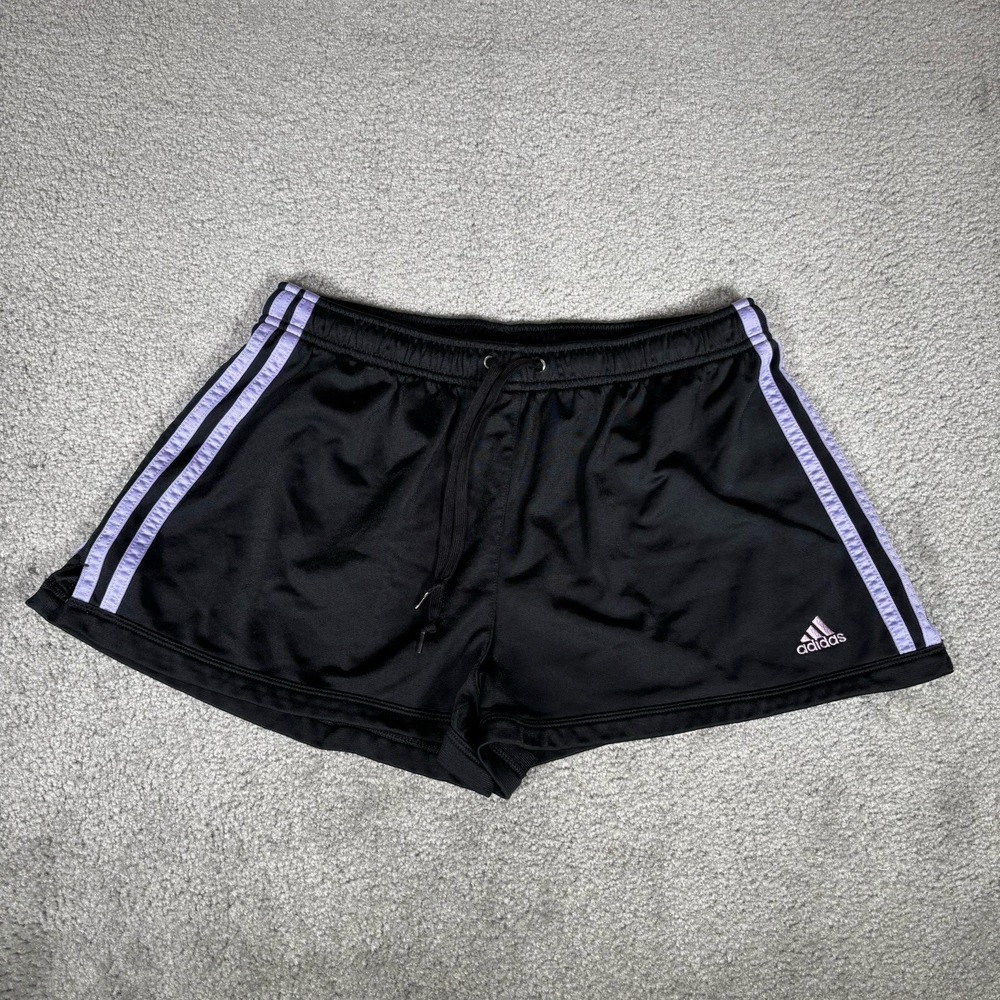 Vintage Adidas Shorts Womens L Black Purple Striped Athletic Running Micro Y2K